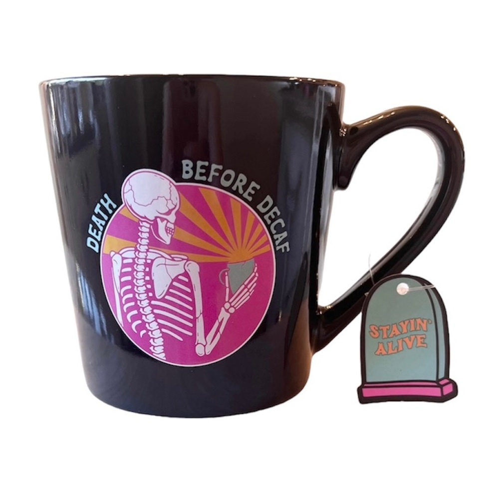 🩷🖤 DEATH BEFORE DECAF Pink Skeleton Mug NEW